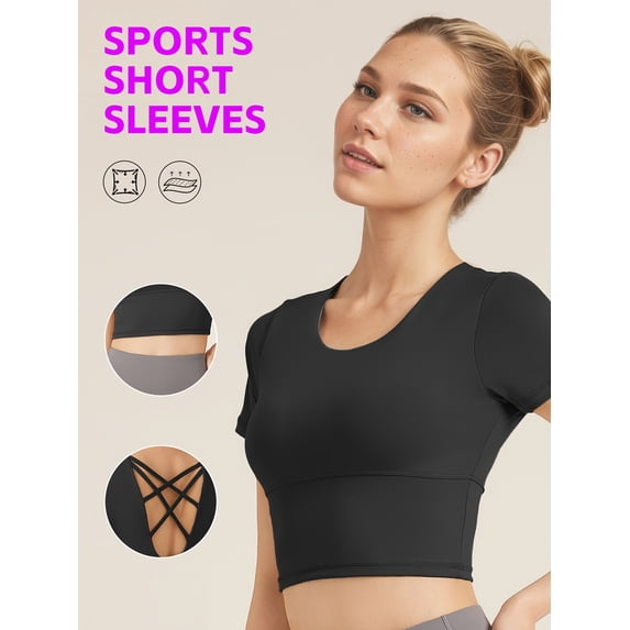 PISONIC Women's Athletic Crop Top with Cross-Back Design and Built-In Bra Pads - Short Sleeve Activewear for Running, Yoga, Cycling - Breathable, Stretchy, Cycling Top | Cross Back Design