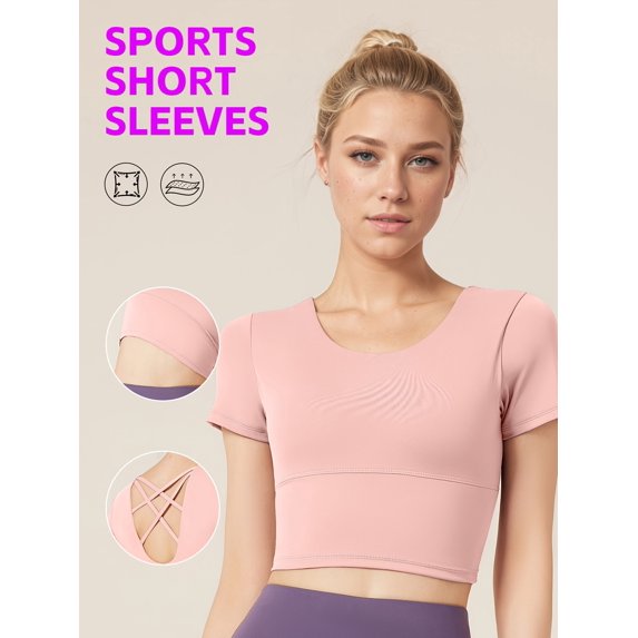 PISONIC Women's Athletic Crop Top with Cross-Back Design and Built-In Bra Pads - Short Sleeve Activewear for Running, Yoga, Cycling - Breathable, Stretchy, Cycling Top | Cross Back Design