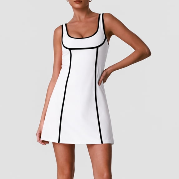 PISONIC Women's Color-Block Yoga Dress with Built-in Bra - Slim Fit, Anti-Exposure Tennis Skort Suit for Spring/Summer Sports