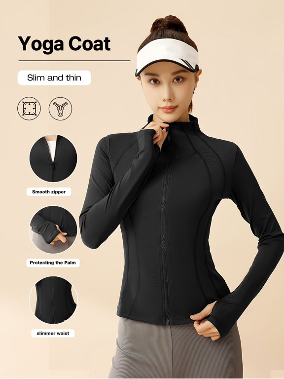 Women's Long Sleeve Yoga Jacket - Slim Fit Polyester & Elastane, Stand Collar, Solid Color, Knit Fabric, All-Season, Zipper Closure - For Yoga, Gym & Running - Suitable for Women