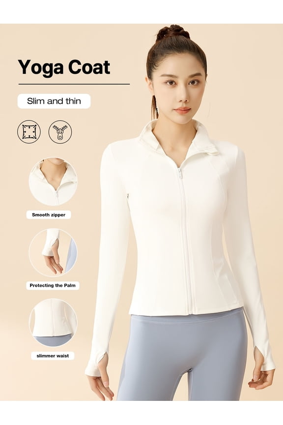 Women's Long Sleeve Yoga Jacket - Slim Fit Polyester & Elastane, Stand Collar, Solid Color, Knit Fabric, All-Season, Zipper Closure - For Yoga, Gym & Running - Suitable for Women