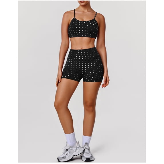 PISONIC Women's Polka Dots Workout Set 2 Piece Sports Bra Tank High Waisted Biker Shorts Matching Yoga Outfit Set