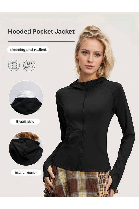 Women's Polyester Fabric Hooded Jacket - Slim Fit, Breathable, High Stretch, with Pocket - For Sports & Outdoor Activities - Ideal Gift for Active Women