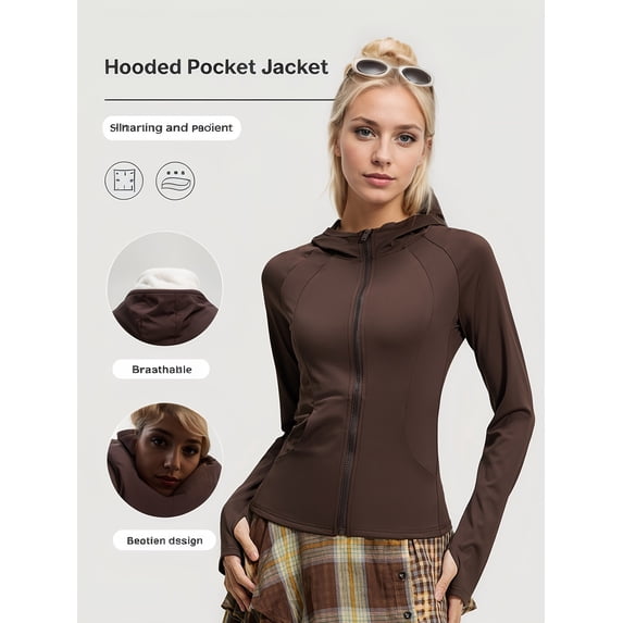 PISONIC Women's Polyester Fabric Hooded Jacket - Slim Fit, Breathable, High Stretch, with Pocket - For Sports & Outdoor Activities - Ideal Gift for Active Women