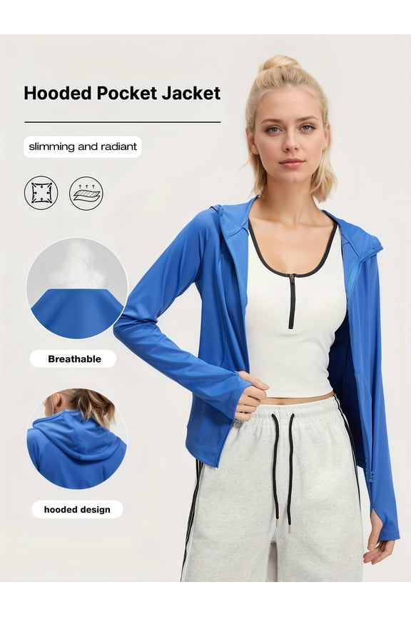 Women's Polyester Fabric Hooded Jacket - Slim Fit, Breathable, High Stretch, with Pocket - For Sports & Outdoor Activities - Ideal Gift for Active Women