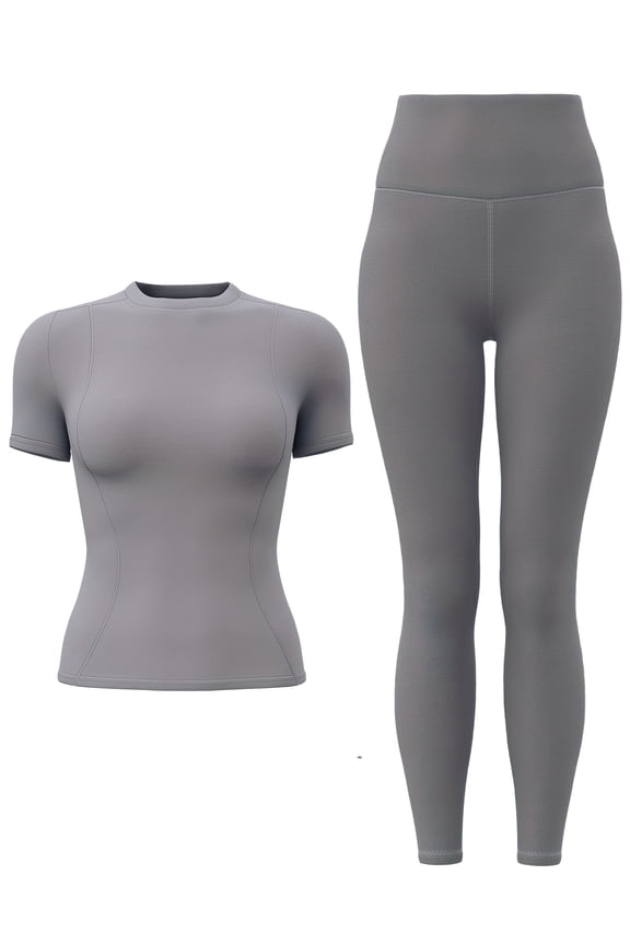 Women's Solid Color Athletic Tracksuit - Full-Length Fitness Suit with Tight-Fit Short Sleeve Top & Long Pants, Elastic Waistband for Yoga, Gym, Cycling, Running - - Workout Outfit (2pcs)