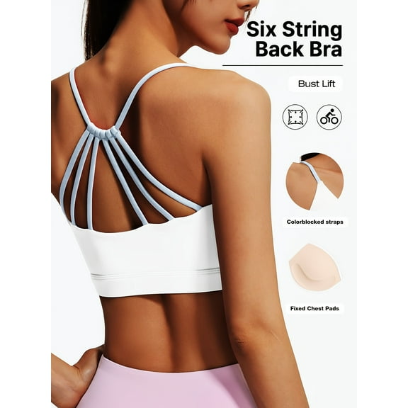 PISONIC Women's Sports Bra with Six String Back, Medium Support, Crew Neck, Non-Removable Padding, Knit Fabric, Casual Wear, Medium Stretch, for Exercise, Training, Running, Yoga, Crop Vest