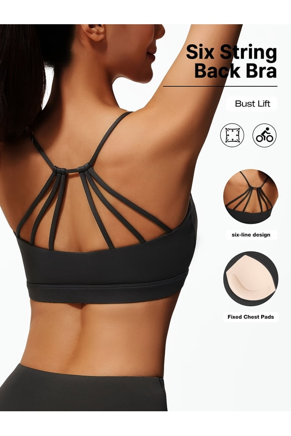 Women's Sports Bra with Six String Back, Medium Support, Crew Neck, Non-Removable Padding, Knit Fabric, Casual Wear, Medium Stretch, for Exercise, Training, Running, Yoga, Crop Vest