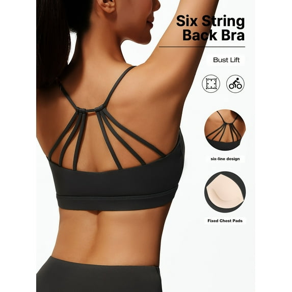PISONIC Women's Sports Bra with Six String Back, Medium Support, Crew Neck, Non-Removable Padding, Knit Fabric, Casual Wear, Medium Stretch, for Exercise, Training, Running, Yoga, Crop Vest