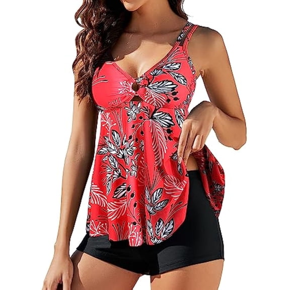 PISONIC Women's Tankini Swimsuit Fashion Swimsuit Two-Piece Swimsuit with Swim Trunks--Red Flowers XL