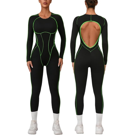 PISONIC Womens Long Sleeve Workout Jumpsuit Contouring Seams Backless Full Length Catsuit One Piece Bodysuit Yoga Rompers