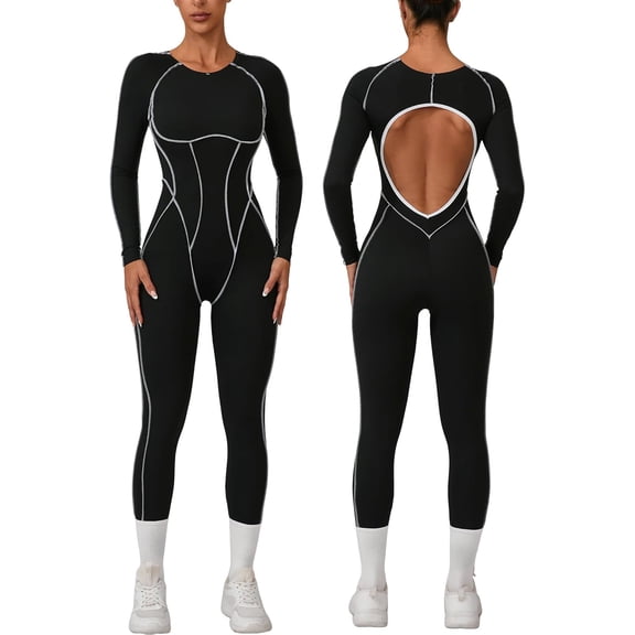 PISONIC Womens Long Sleeve Workout Jumpsuit Contouring Seams Backless Full Length Catsuit One Piece Bodysuit Yoga Rompers