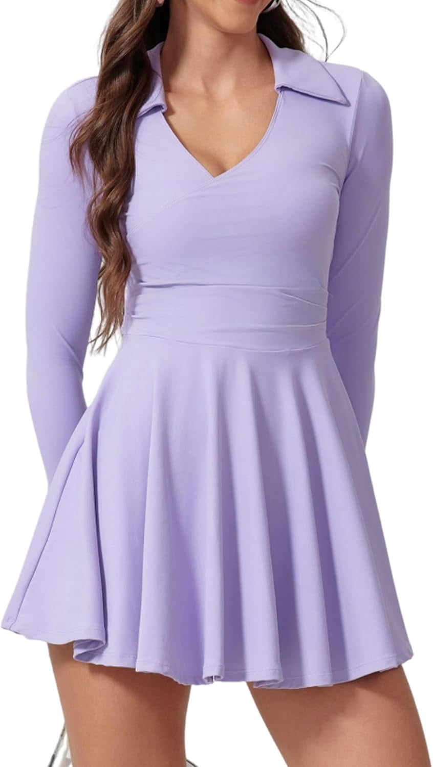 PISONIC Womens Tennis Dress Polo Collar Long Sleeve A-line Mini Exercise Athletic Dresses with Pockets Shorts
