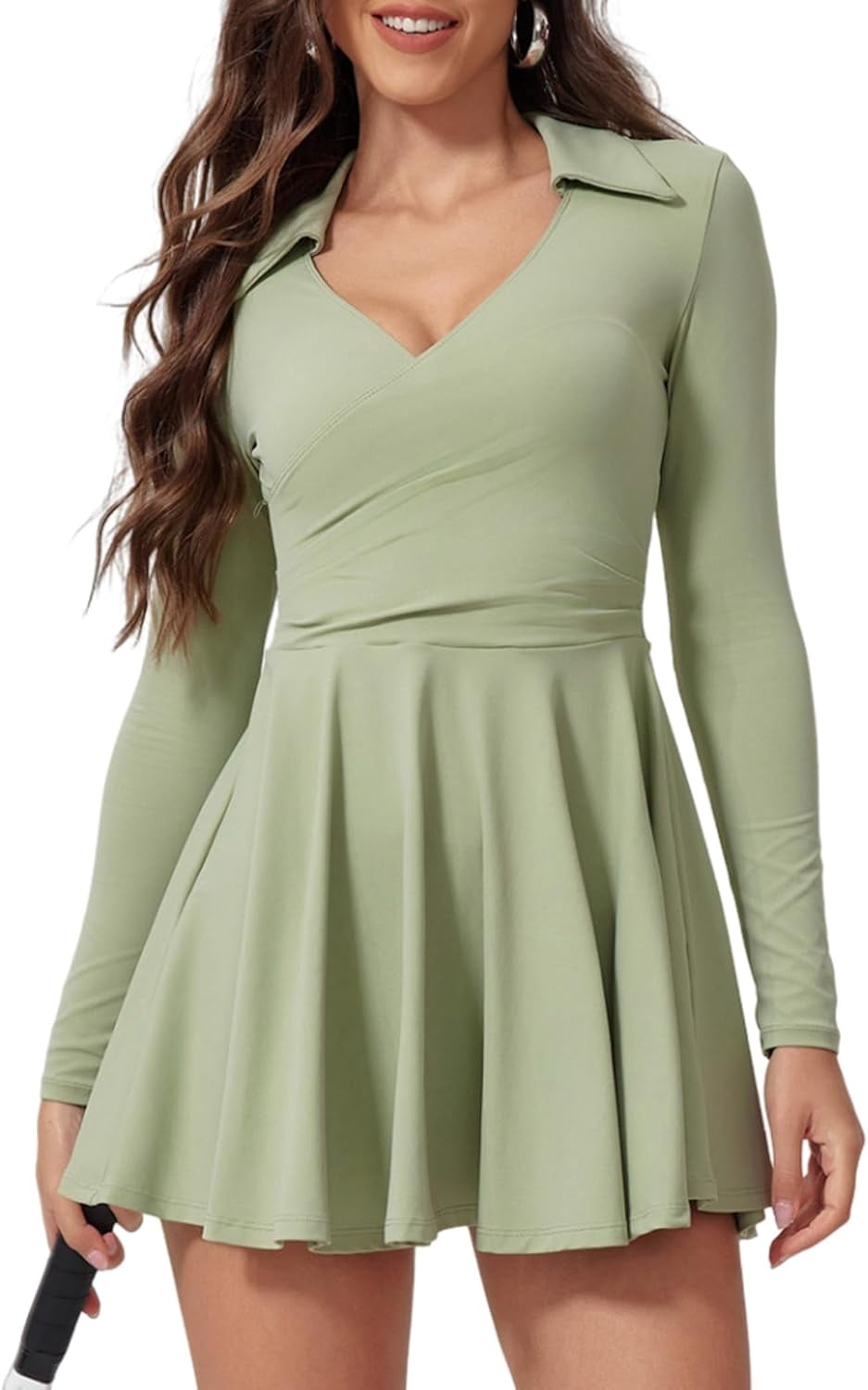 PISONIC Womens Tennis Dress Polo Collar Long Sleeve A-line Mini Exercise Athletic Dresses with Pockets Shorts