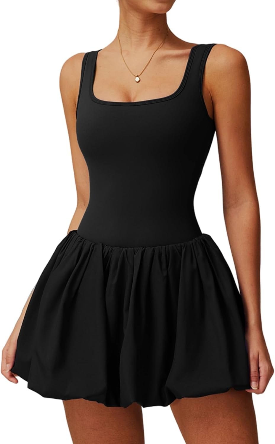 PISONIC Womens Tennis Golf Dress with Built-in Bra Shorts Backless Square Neck Mini Puffy Skirt Athletic Dresses with Pockets