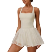 PISONIC Womens Tennis Golf Dress with Built-in Bra Shorts Backless Square Neck Mini Puffy Skirt Athletic Dresses with Pockets