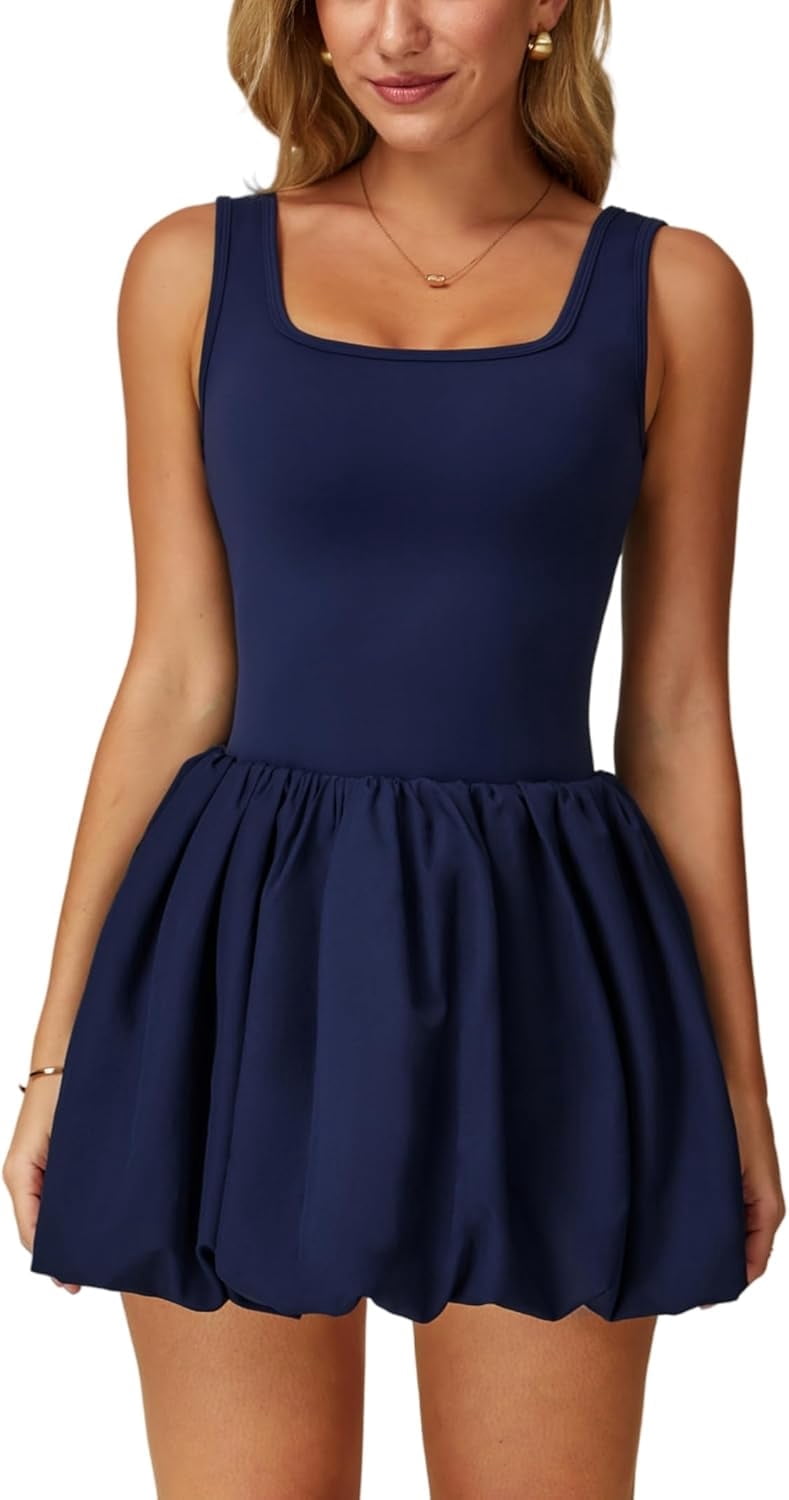 PISONIC Womens Tennis Golf Dress with Built-in Bra Shorts Backless Square Neck Mini Puffy Skirt Athletic Dresses with Pockets
