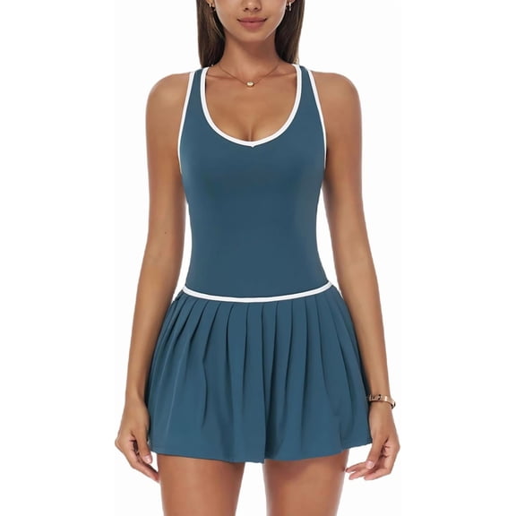 PISONIC Womens Tennis Golf Dress with Built-in Bra Shorts Racerback Color Block Pleated Hem Athletic Dresses with Pockets