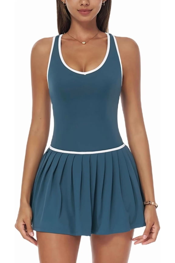 Womens Tennis Golf Dress with Built-in Bra Shorts Racerback Color Block Pleated Hem Athletic Dresses with Pockets
