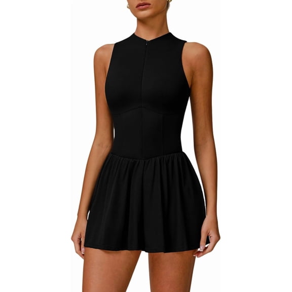 PISONIC Womens Tennis Golf Dress with Built-in Bra Shorts Zipper Slim Fit A-line Hem Skirt Athletic Dresses with Pockets