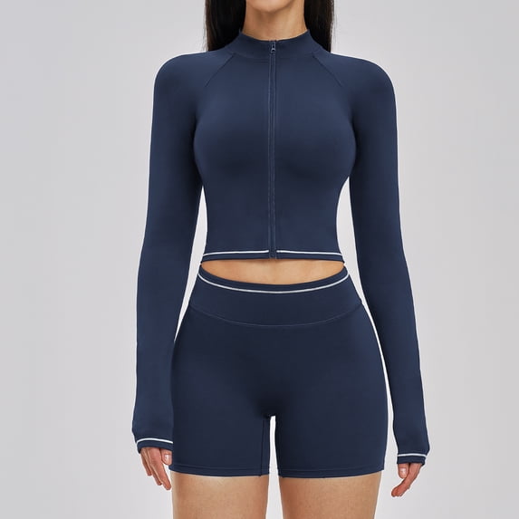 PISONIC Womens Two Piece Tracksuit Set Long Sleeve Zipper Jacket with Athletic High Waist Shorts Workout Outfit