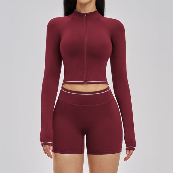 PISONIC Womens Two Piece Tracksuit Set Long Sleeve Zipper Jacket with Athletic High Waist Shorts Workout Outfit