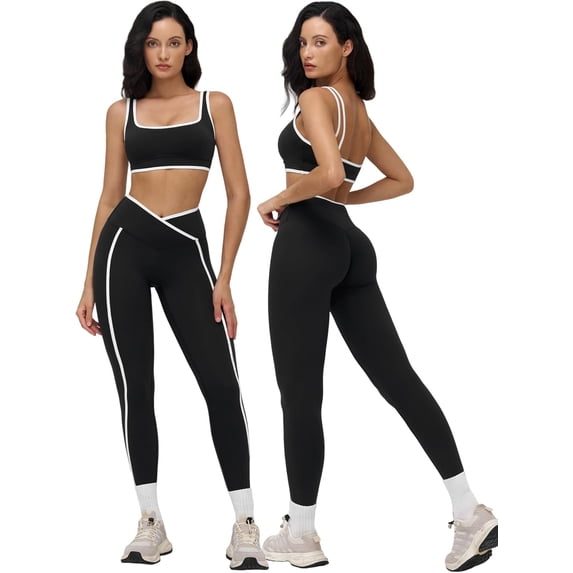 PISONIC Womens Two Piece Workout Set Spaghetti Straps Color Block Sports Bra Matching High Waist Leggings Gym Work Out Outfits