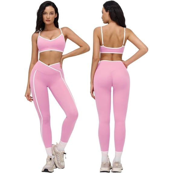 PISONIC Womens Two Piece Workout Set Spaghetti Straps Color Block Sports Bra Matching High Waist Leggings Gym Work Out Outfits