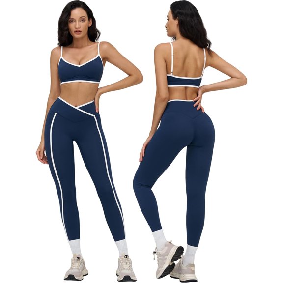 PISONIC Womens Two Piece Workout Set Spaghetti Straps Color Block Sports Bra Matching High Waist Leggings Gym Work Out Outfits