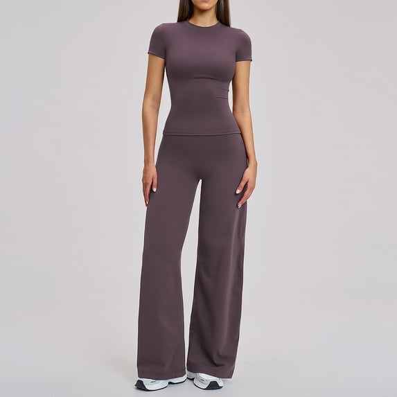 PISONIC Womens Two Piece Workout Sets Slim Fit Short Sleeve Shirt Straight Leg Yoga Pants Yoga Outfits Matching Gym Set
