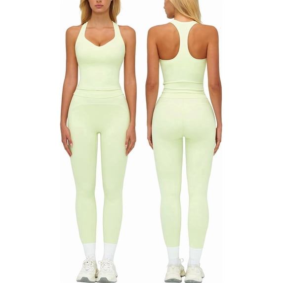 PISONIC Womens Workout Set Two Piece Racerback Color Block Tank Top Matching High Waist Leggings Gym Pilates Outfits