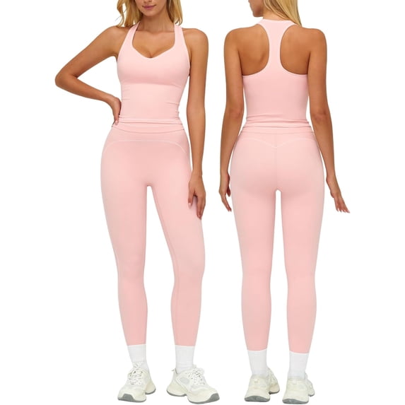 PISONIC Womens Workout Set Two Piece Racerback Color Block Tank Top Matching High Waist Leggings Gym Pilates Outfits