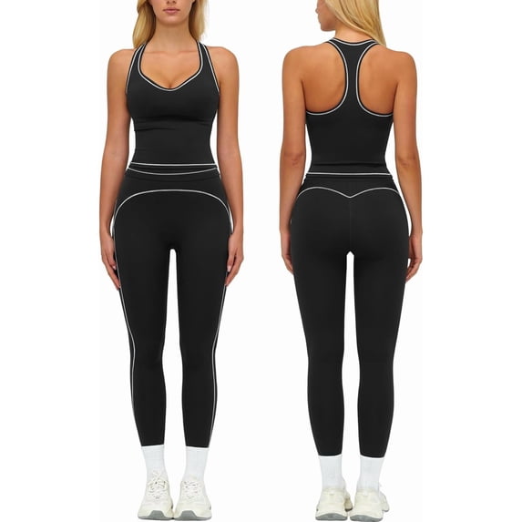 PISONIC Womens Workout Set Two Piece Racerback Color Block Tank Top Matching High Waist Leggings Gym Pilates Outfits