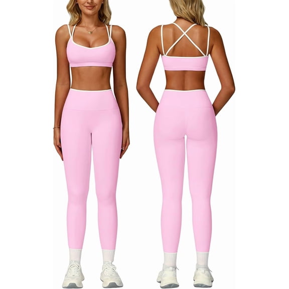 PISONIC Womens Workout Set Two Piece Spaghetti Straps Color Block Sports Bra Matching High Waist Leggings Gym Work Out Outfits