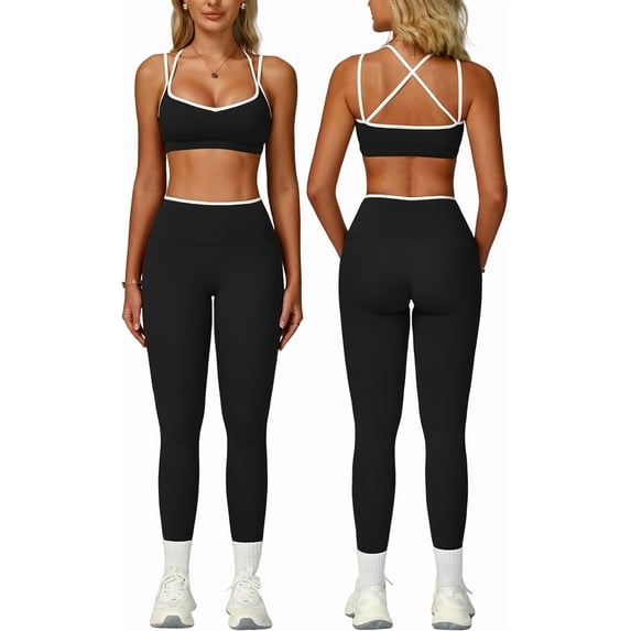 PISONIC Womens Workout Set Two Piece Spaghetti Straps Color Block Sports Bra Matching High Waist Leggings Gym Work Out Outfits