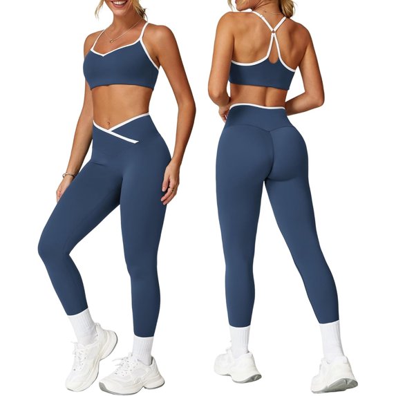 PISONIC Womens Workout Set Two Piece Spaghetti Straps Cross Back Sports Bra Matching High Waist Leggings Gym Work Out Outfits