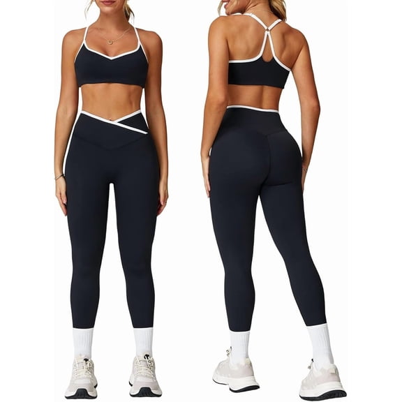 PISONIC Womens Workout Set Two Piece Spaghetti Straps Cross Back Sports Bra Matching High Waist Leggings Gym Work Out Outfits
