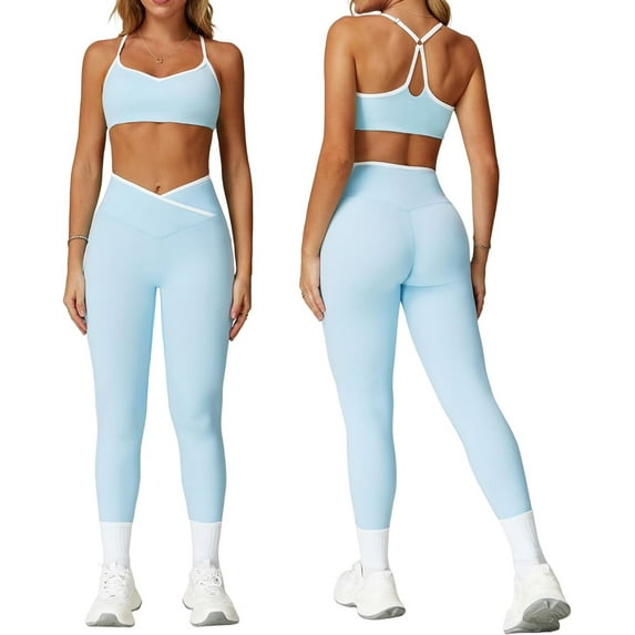 PISONIC Womens Workout Set Two Piece Spaghetti Straps Cross Back Sports Bra Matching High Waist Leggings Gym Work Out Outfits