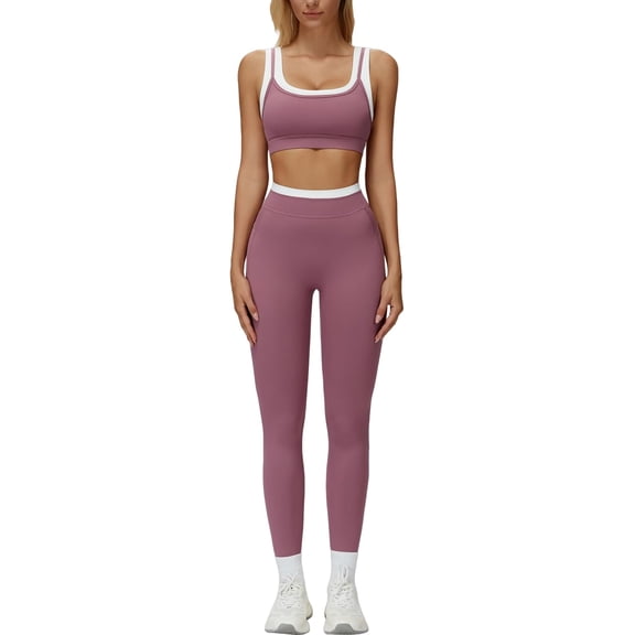 PISONIC Womens Workout Set Two Piece U Back Color Block Sports Bra Matching High Waist Leggings Gym Pilates Outfits