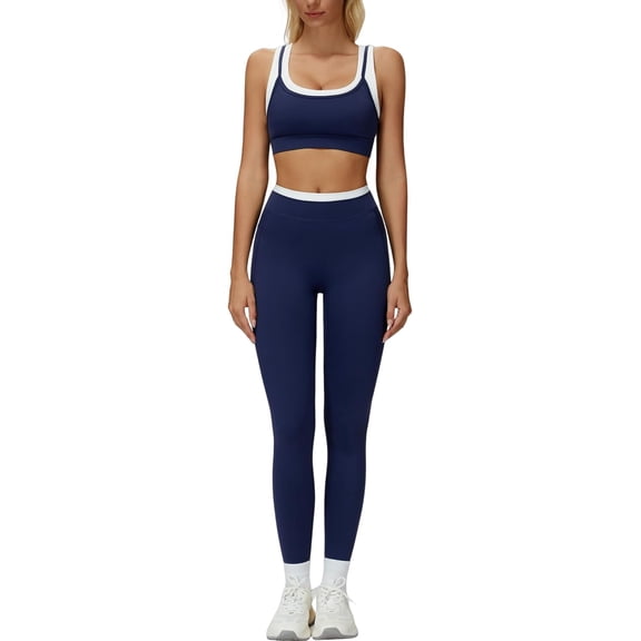 PISONIC Womens Workout Set Two Piece U Back Color Block Sports Bra Matching High Waist Leggings Gym Pilates Outfits