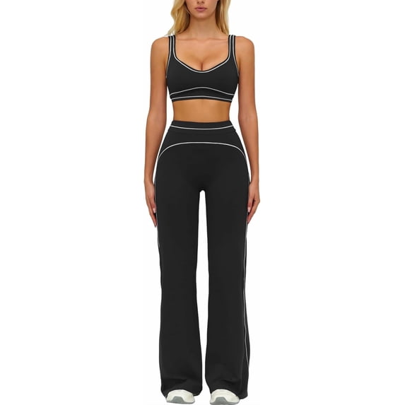 PISONIC Womens Workout Set Two Piece U Back Color Block Sports Bra Matching High Waist Leggings Gym Work Pilates Outfits