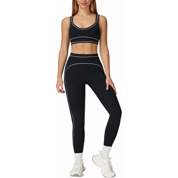 PISONIC Womens Workout Set Two Piece U Back Color Block Sports Bra Matching High Waist Leggings Gym Work Pilates Outfits