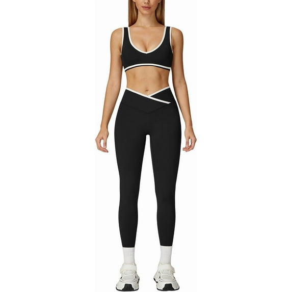 PISONIC Womens Workout Set Two Pieces Color Block Sports Bra Matching High Waist V Cut Leggings Gym Work Out Outfits