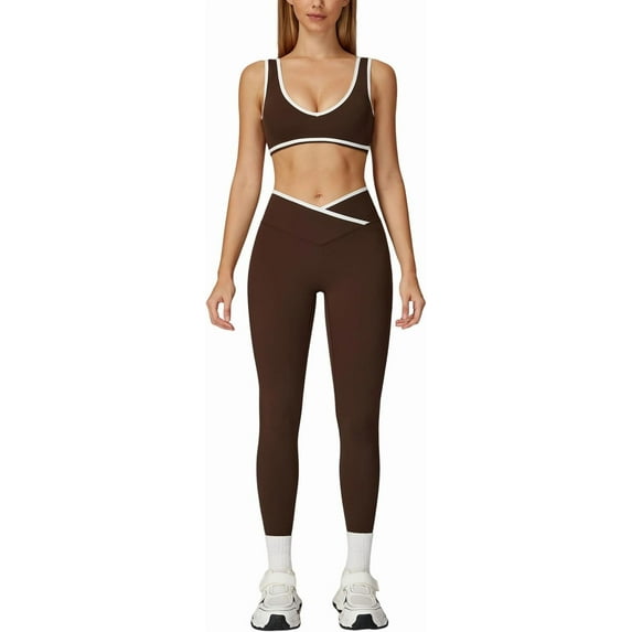 PISONIC Womens Workout Set Two Pieces Color Block Sports Bra Matching High Waist V Cut Leggings Gym Work Out Outfits