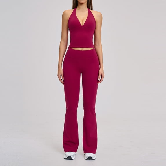 PISONIC Womens Workout Sets 2 Piece Halter Tank Top Straight Leg Yoga Pants Yoga Pilates Outfits
