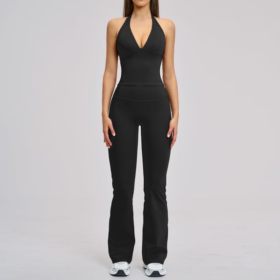 PISONIC Womens Workout Sets 2 Piece Halter Tank Top Straight Leg Yoga Pants Yoga Pilates Outfits