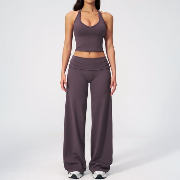 PISONIC Womens Workout Sets Halter Padded Tank Tops Matchig Straight Leg Yoga Pants 2 Piece Gym Active Pilates Outfits