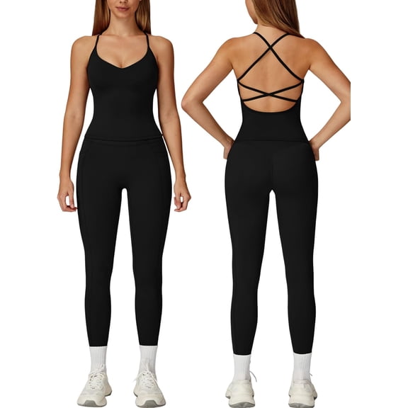 PISONIC Womens Workout Sets Two Piece Cross Back Tank Top Matching High Waist Leggings Sets Gym Outfits Work Out Clothes
