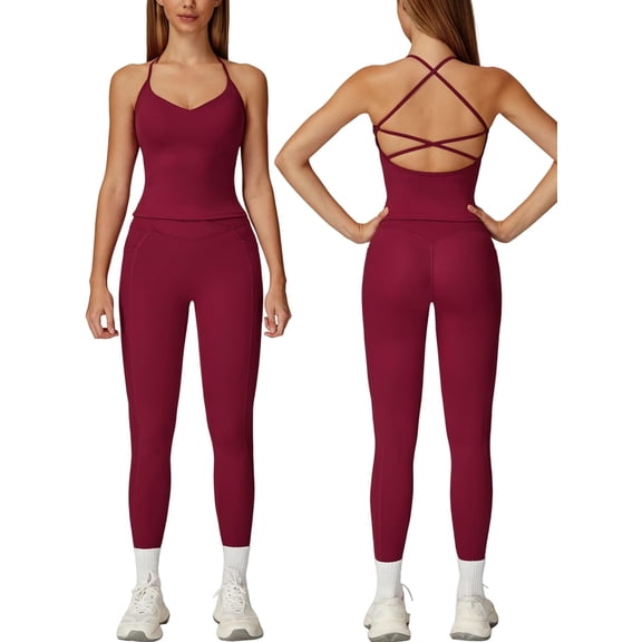 PISONIC Womens Workout Sets Two Piece Cross Back Tank Top Matching High Waist Leggings Sets Gym Outfits Work Out Clothes