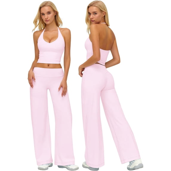 PISONIC Womens Workout Sets Two Piece Halter Crop Top Matching Straight Leg Pants Gym Work Pilates Outfits